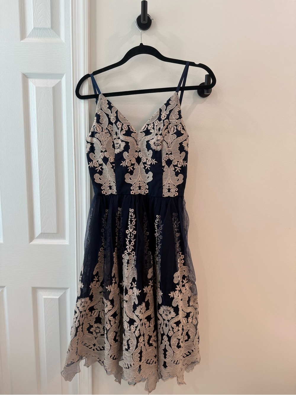 Chi Chi London Navy Dress with Ivory Lace Appliqué